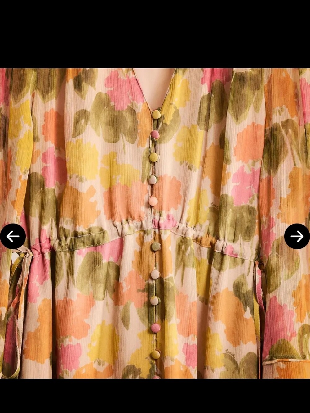 COACH 100% SILKFloral Watercolor Long Sleeve Midi Dress in Pink, Yellow & Green - Picture 7 of 10
